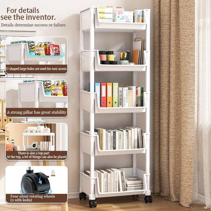 Book Cart Rolling - 5-Layer White Freestanding Stable Rolling Plastic