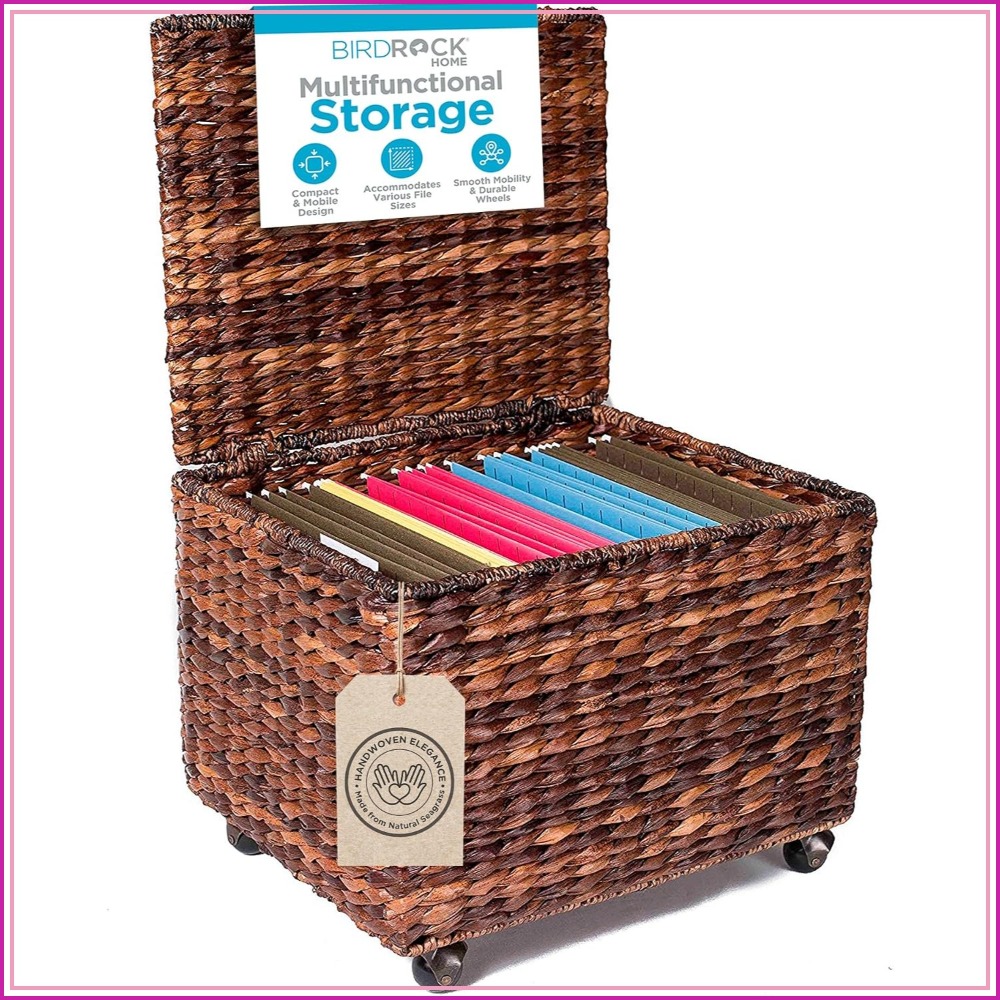 Office Storage Cabinet - Handwoven Rolling File Cabinet with Lid,