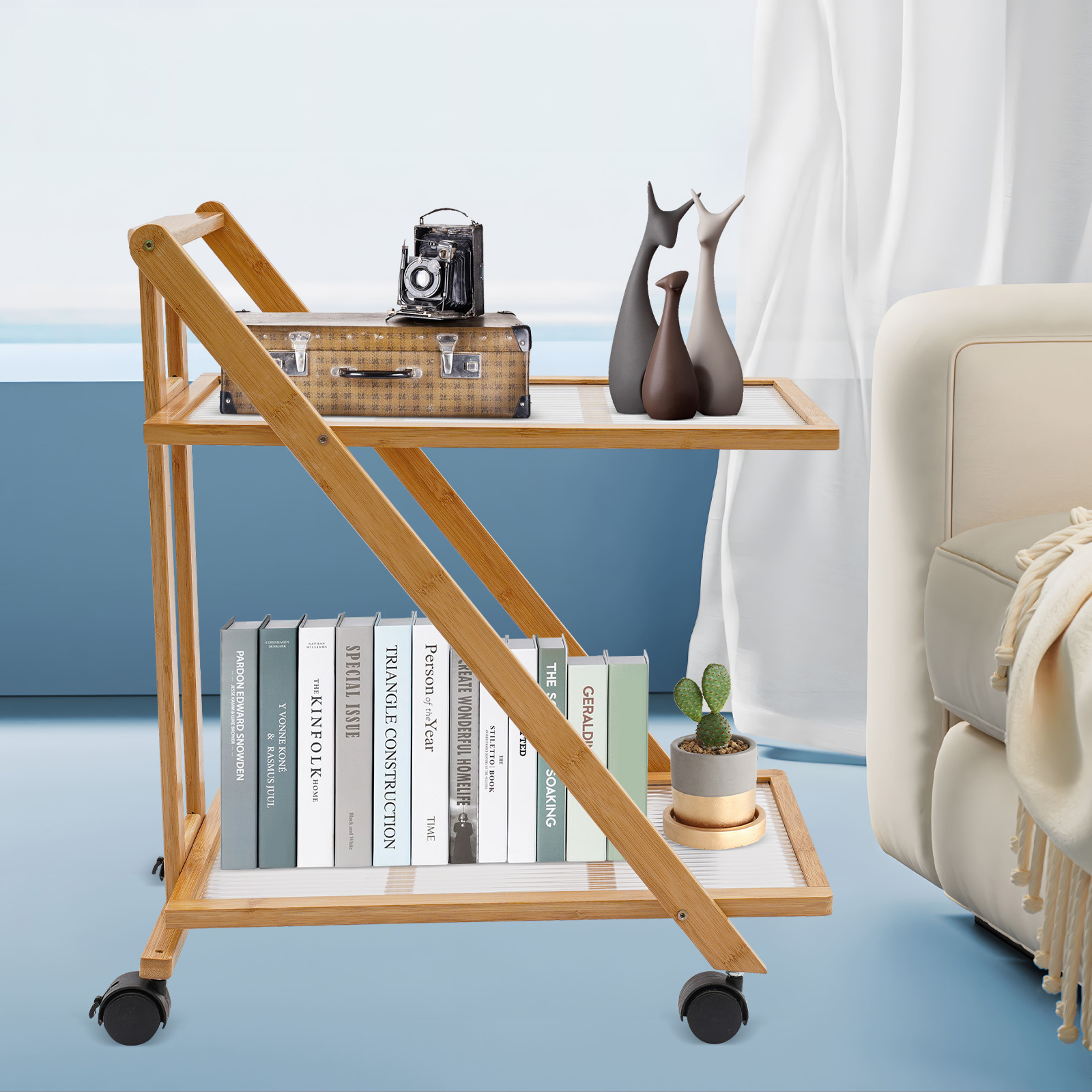 2 Tier Rolling Cart Bamboo Fol - Book Cart Rolling 评论和价格